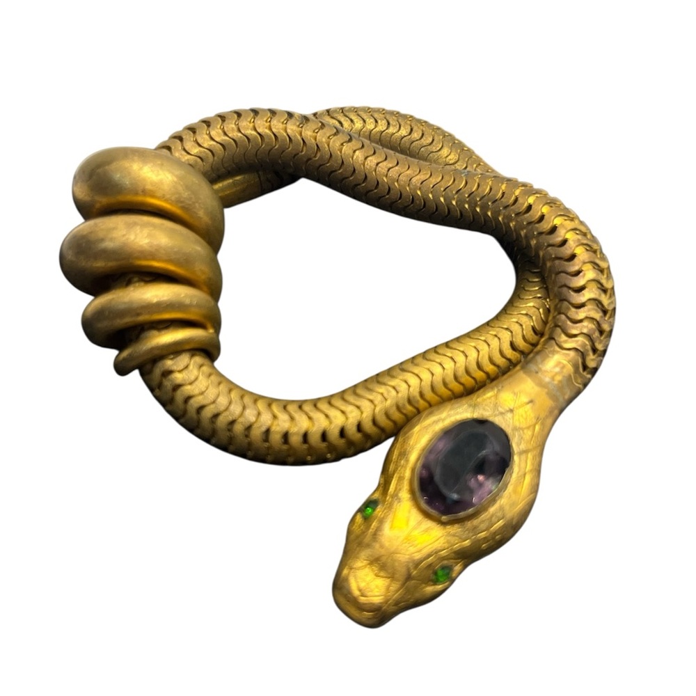 1920’s Art Nouveau gold tone coiled snake adjustable bracelet green & purple